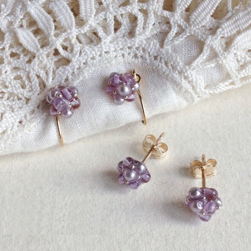 14kgf small amethyst and vintage glass grains of pebbly pierced OR ear clip 338 - 耳环/耳夹 - 宝石 紫色