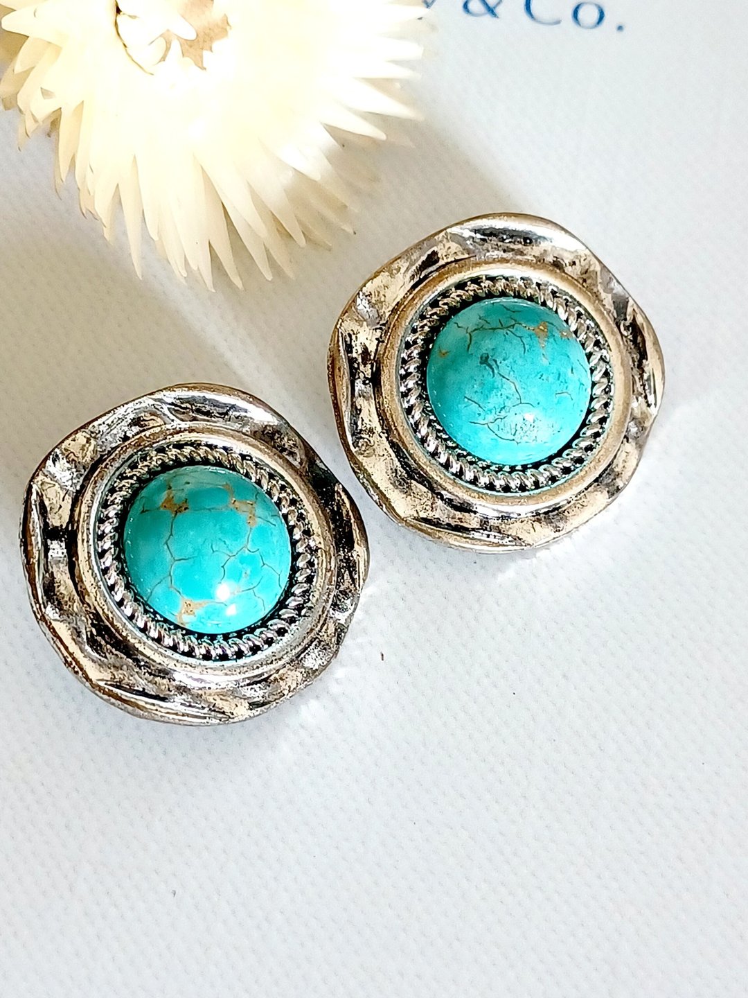 Avintage jewelry  气质云边仿绿松石 夹式耳环 - 耳环/耳夹 - 其他金属 