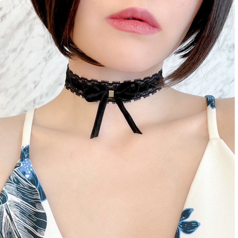 黑色 / Lara / 缎带与蕾丝颈圈 SV371BK - 颈链 - 聚酯纤维 黑色