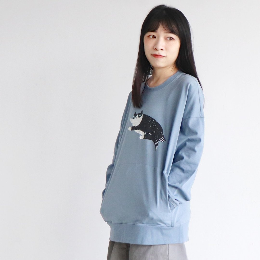 WenWen鱼喵 - 长袖 奔驰猫 - 女装上衣 - 棉 蓝色