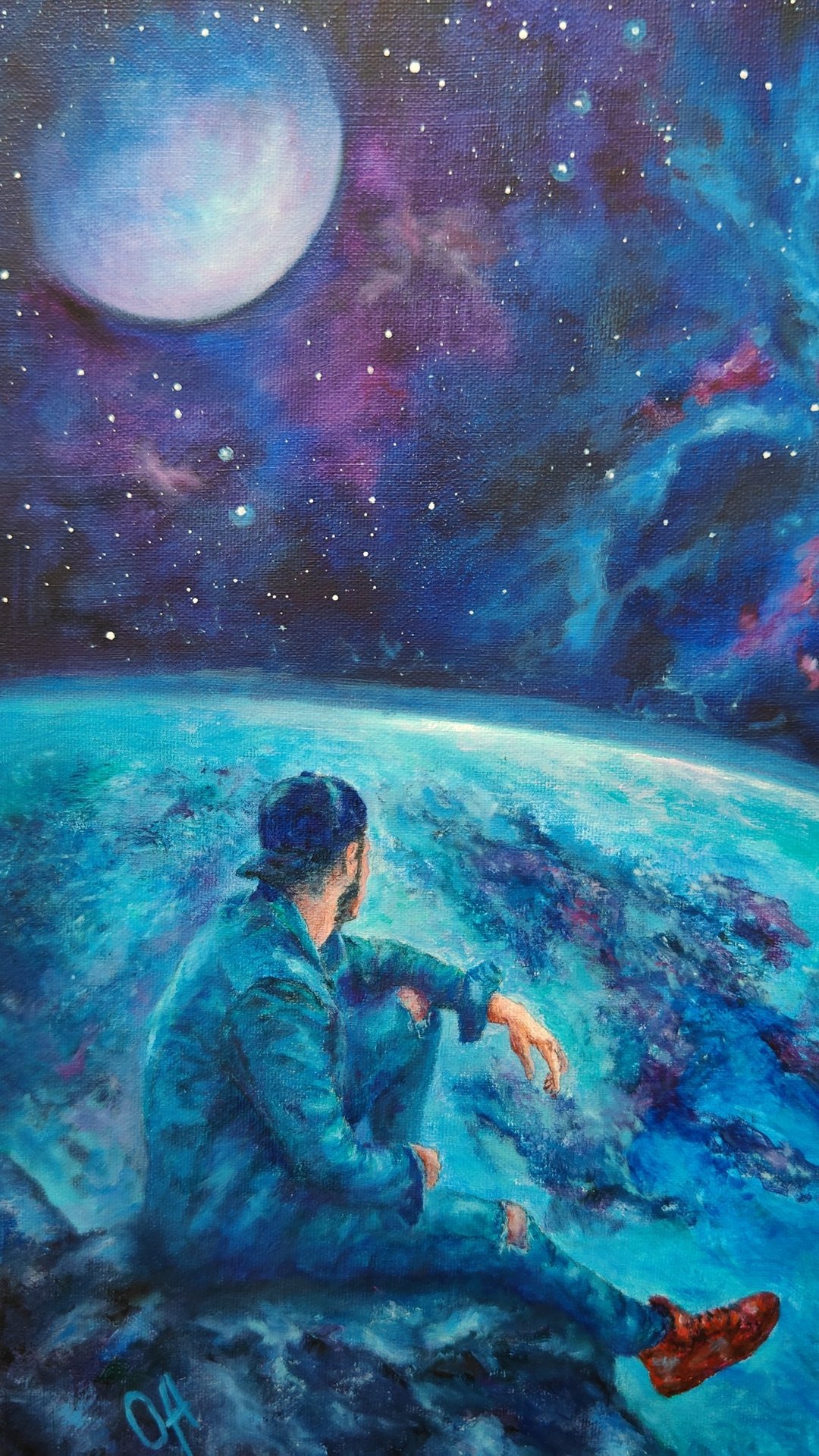 原创油画宇宙之梦。星星和行星。 - 海报/装饰画/版画 - 棉 蓝色