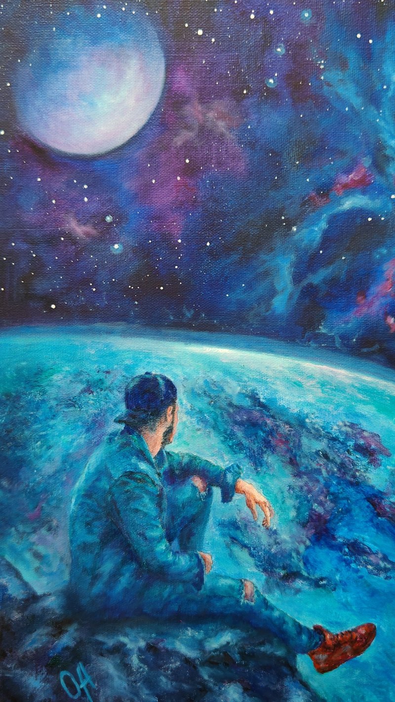 原创油画宇宙之梦。星星和行星。 - 海报/装饰画/版画 - 棉．麻 蓝色