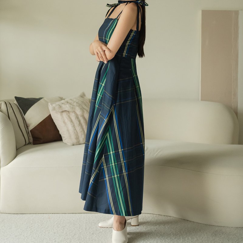 绑带-大格纹洋装-蓝绿色 - 洋装/连衣裙 - 聚酯纤维 蓝色