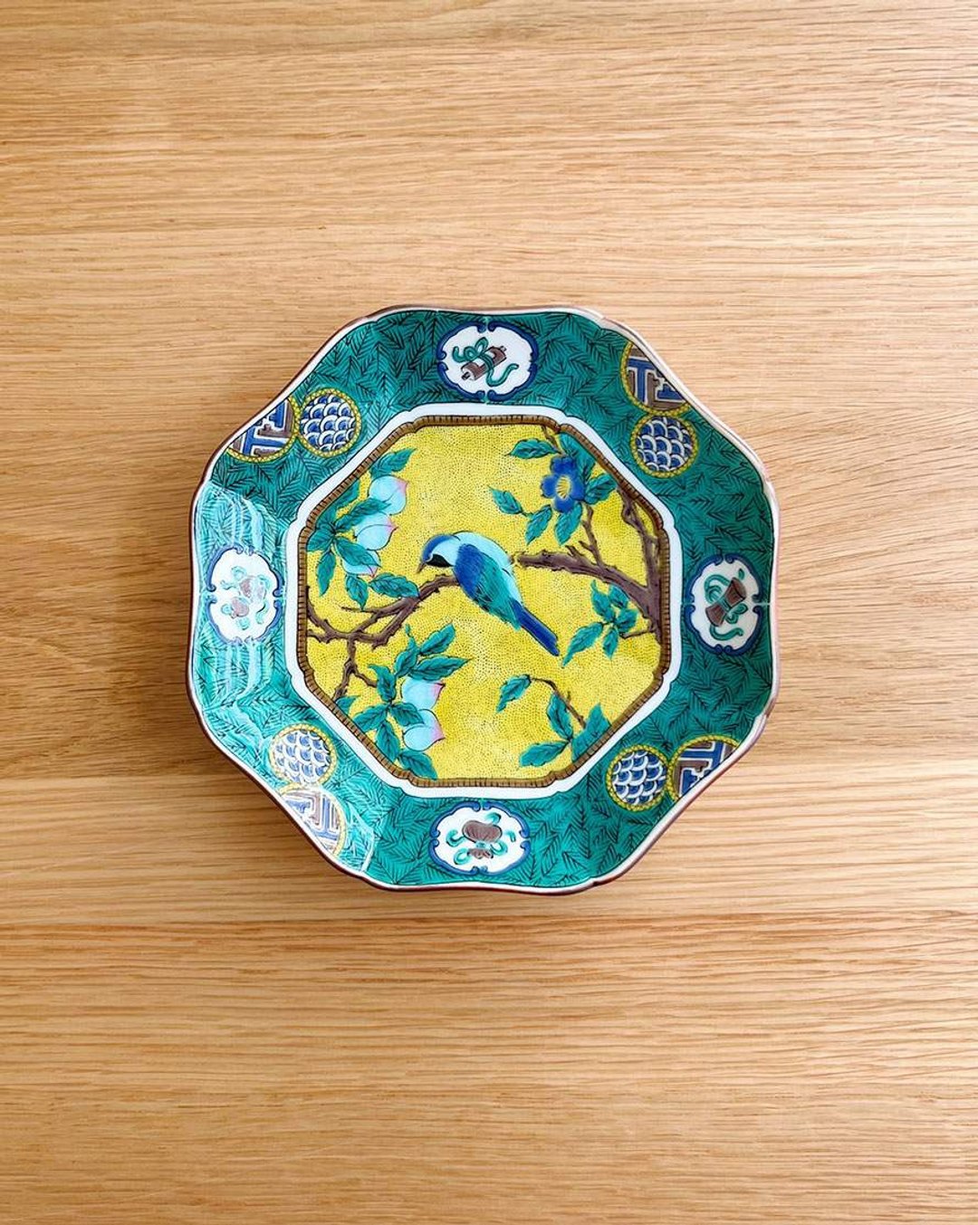 吉田屋风桃花鸟八角盘 (15cm) /九谷青郊窑 - 盘子/餐盘/盘架 - 陶 绿色