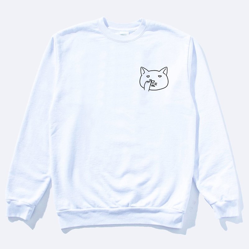 左胸Nose Picking Cat 大学T 刷毛 中性版 白色 猫咪挖鼻孔秋冬 - 男装上衣/T 恤 - 棉．麻 白色