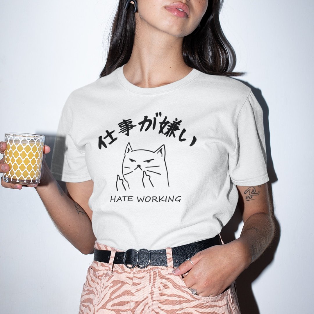 日文讨厌工作 中性短袖T恤 白色 猫咪礼物文青日本职场夏日穿搭 - 女装 T 恤 - 棉 白色