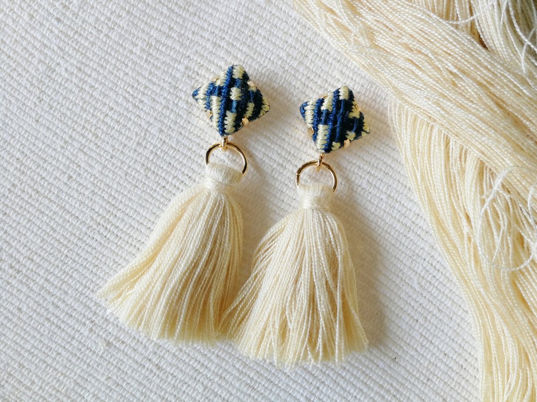 Yellow & Indigo blue Tassel Earrings - 耳环/耳夹 - 棉 黄色