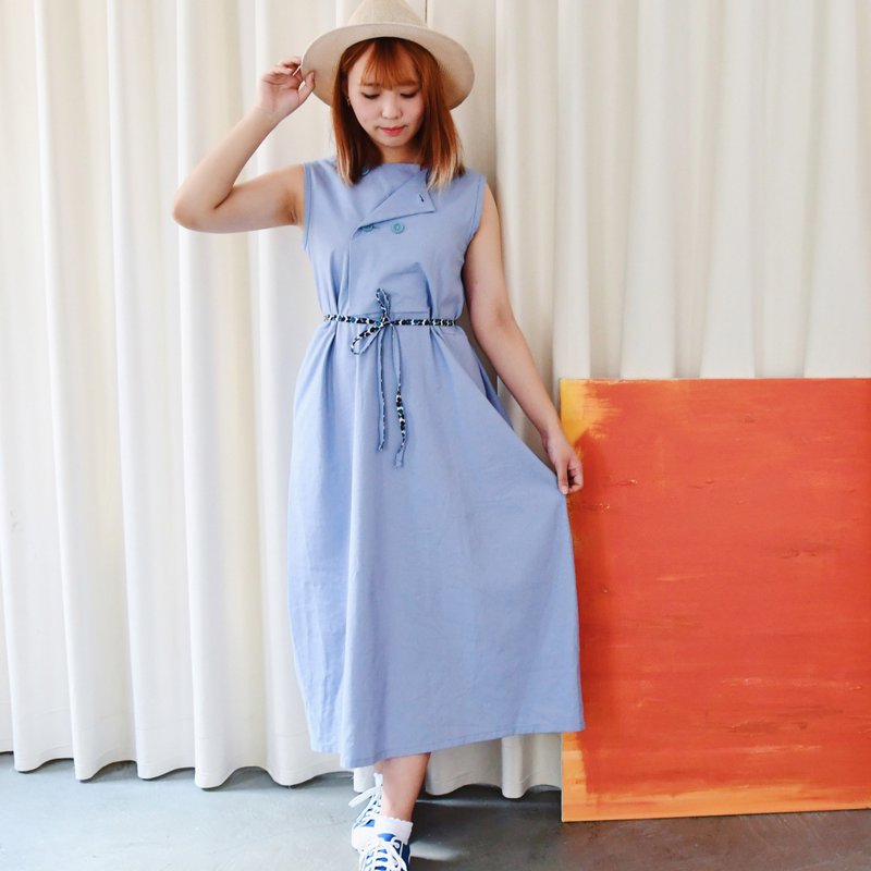 前开襟气球圆洋装浅蓝/展示品出清只有1件 - 洋装/连衣裙 - 棉．麻 蓝色