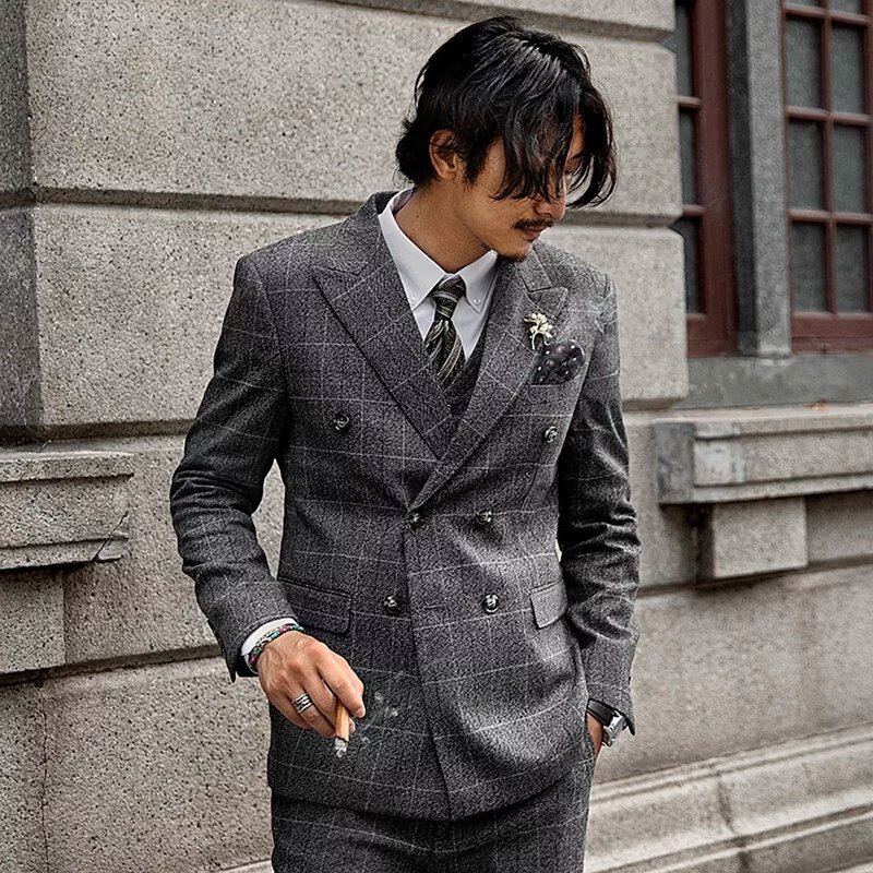 SOARIN格纹双排扣西装外套(蓝线格纹)(63XZ12) - 男装西装外套 - 聚酯纤维 灰色