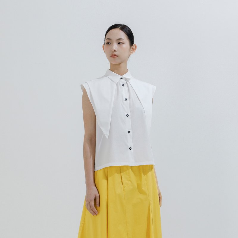 大尖领无袖衬衫 - 女装衬衫 - 棉．麻 白色