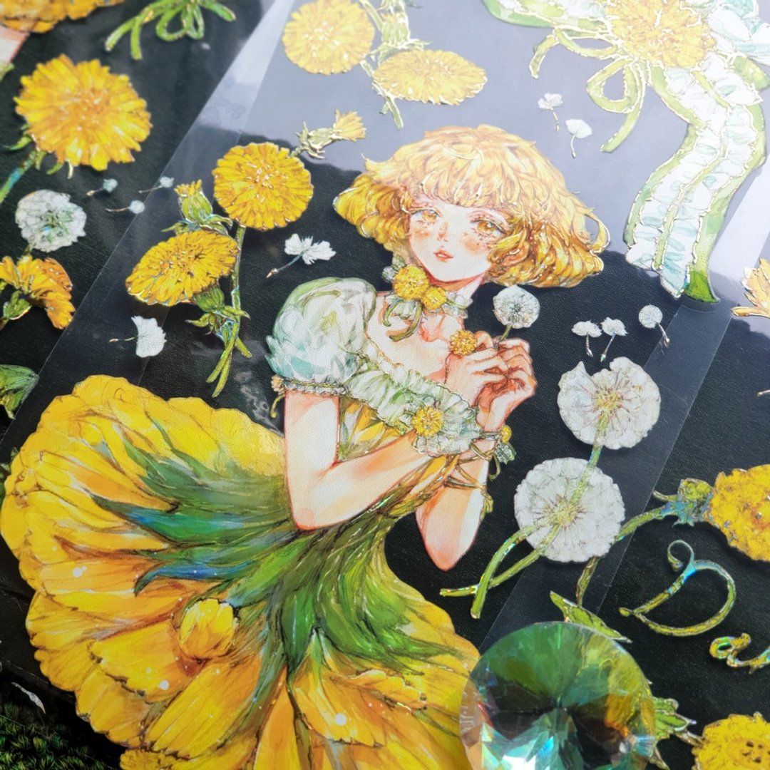 蒲公英少女 烫金 亮面 PET 胶带 拼贴素材 10米 - 纸胶带 - 其他金属 金色