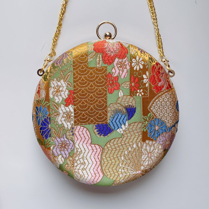 和风瑰丽小圆包 - 可手拿 / 斜背/ 婚礼姊妹礼物 - 侧背包/斜挎包 - 棉．麻 黄色