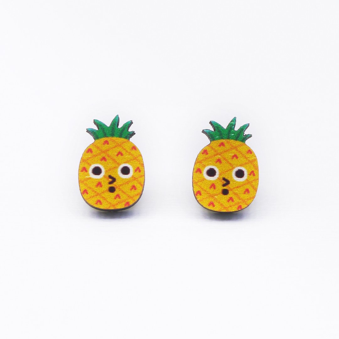 Cute Pineapple 可爱凤梨木制耳环 原创插画耳环 耳针无耳洞耳夹 - 耳环/耳夹 - 木头 黄色