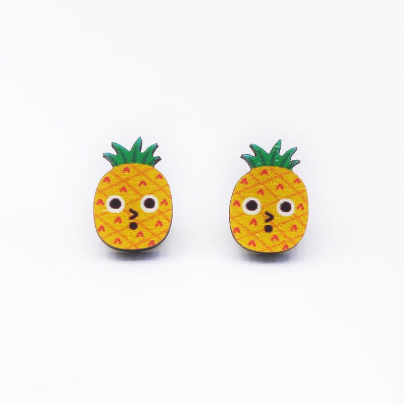 Cute Pineapple 可爱凤梨木制耳环 原创插画耳环 耳针无耳洞耳夹 - 耳环/耳夹 - 木头 黄色