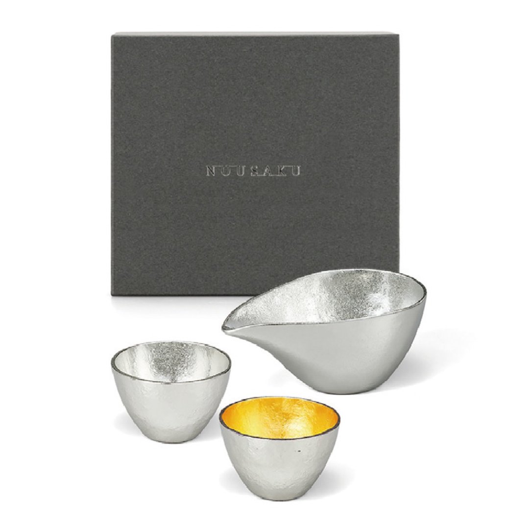 清酒具礼盒 (片口盅-S+清酒对杯) - 酒杯/酒器 - 贵金属 银色