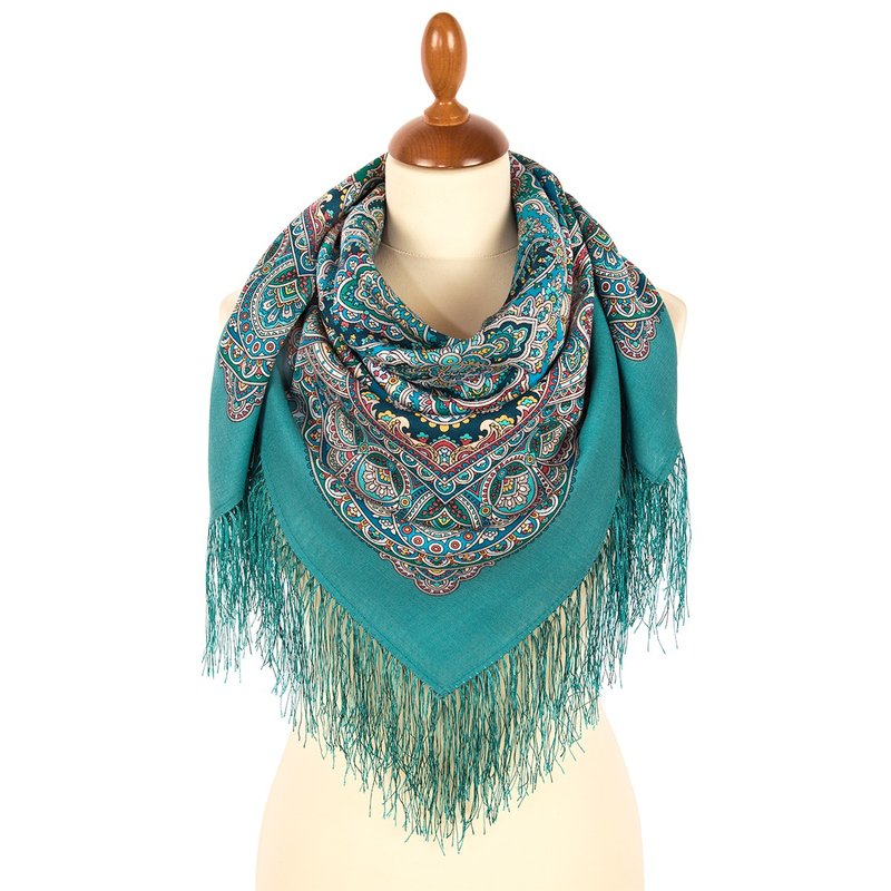 正品 Pavlovo Posad 俄罗斯披肩围巾 柔软 100% 羊毛 89x89 厘米 1926-11 - 丝巾 - 羊毛 绿色