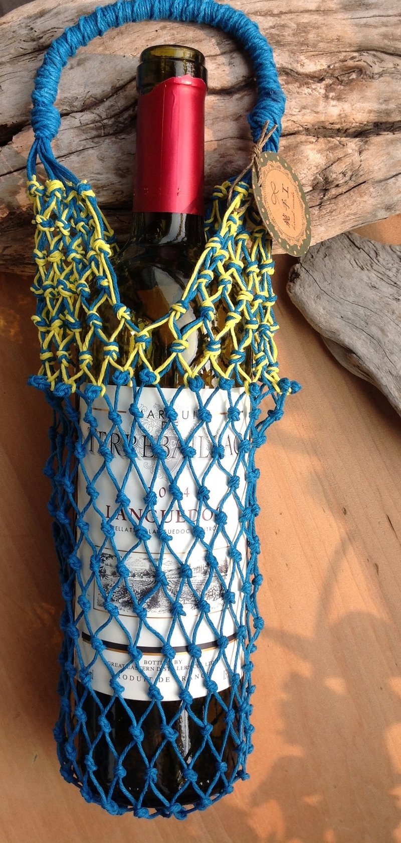 美国麻线手工编织环保袋  / 天空蓝黄色系 / 水瓶/ 手摇杯/ 环保袋 /酒瓶 - 随行杯提袋/水壶袋 - 棉．麻 蓝色