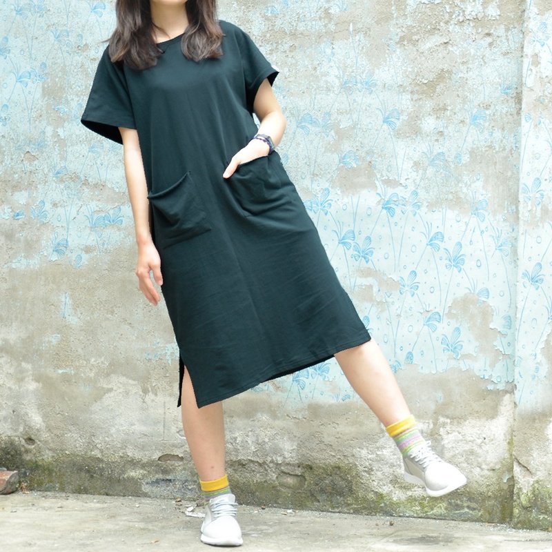 无拘束棉质长版落肩洋装 古着宽版双口袋连身裙-黛绿色 - 洋装/连衣裙 - 棉．麻 绿色
