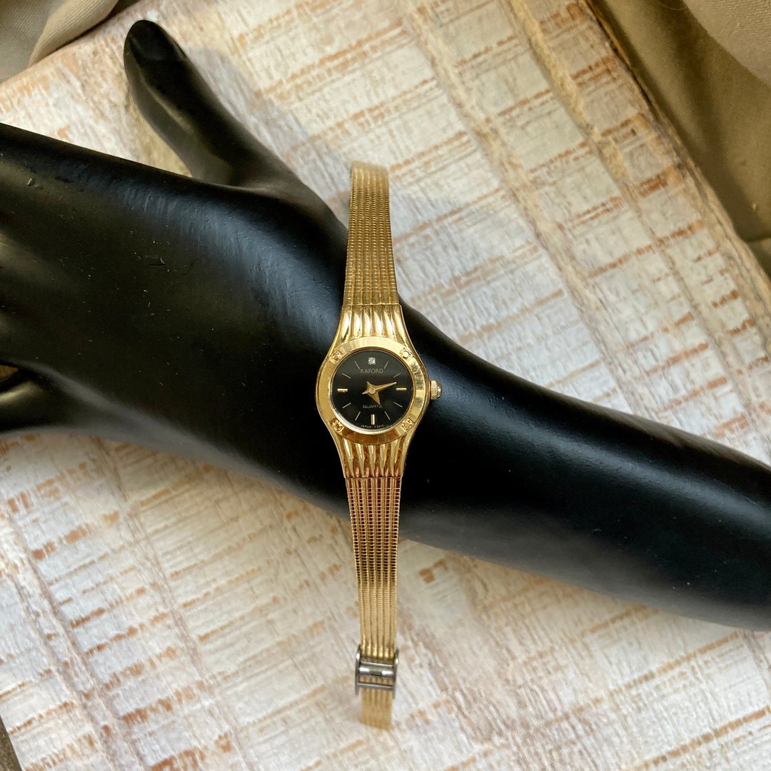 RAFORD 金色圆形 黑色表盘 金线条可调节表带 古董表 vintage - 女表 - 其他金属 金色