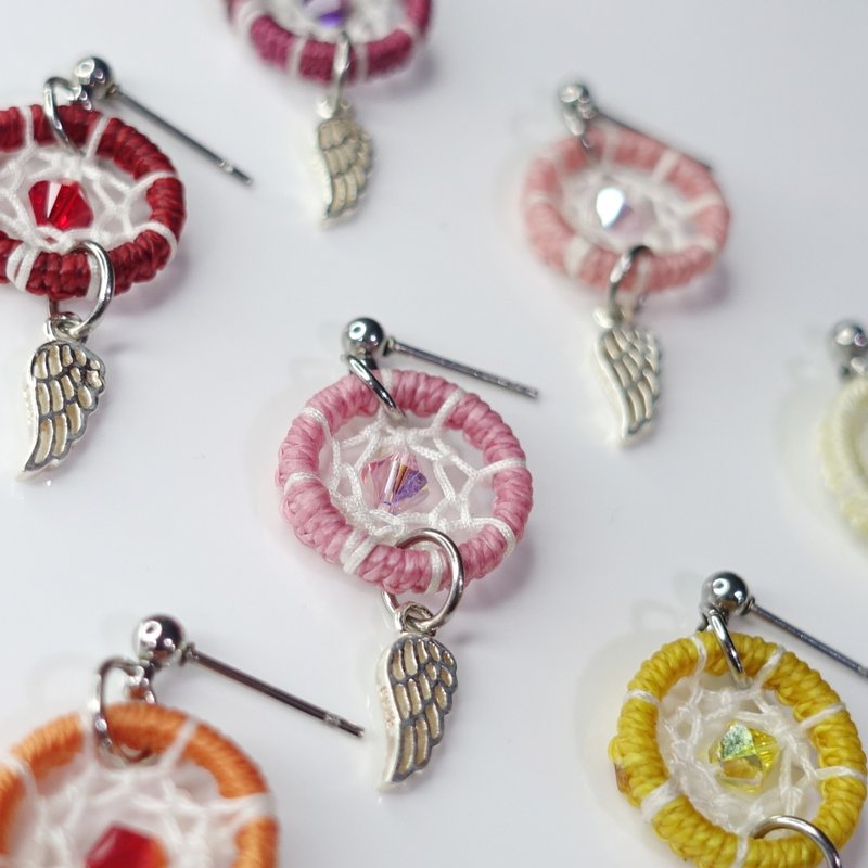 红黄色系│迷你捕梦网耳环 │手工编织 钢针耳针 / 可调耳夹 - 耳环/耳夹 - 其他材质 红色