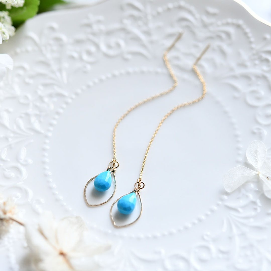 Guardian Stone of life Turquoise Hammer pattern drop frame American earrings December birthstone - 耳环/耳夹 - 宝石 蓝色