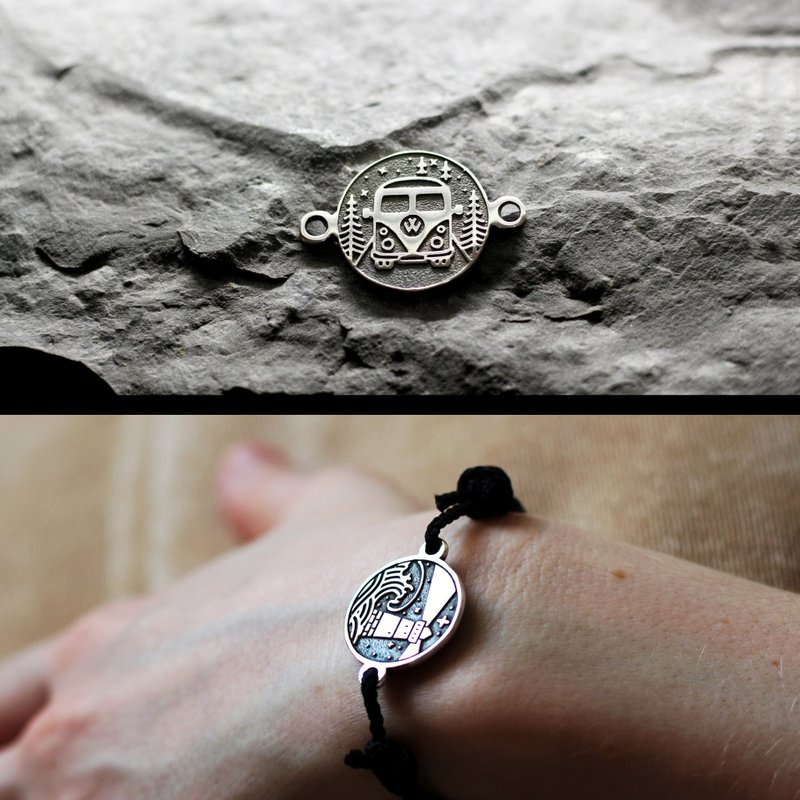 嬉皮风格大众货车与森林景观银手链，旅行者象征。自然 - 手链/手环 - 纯银 银色