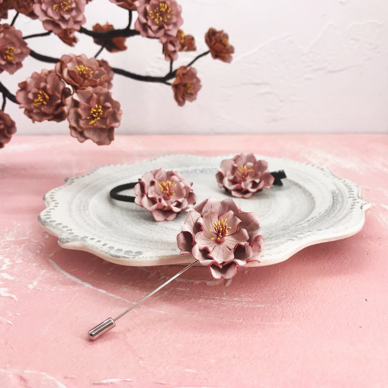皮革八重樱花饰品手作课程│胸针│发圈│发夹【一人成班】 - 皮件 - 真皮 