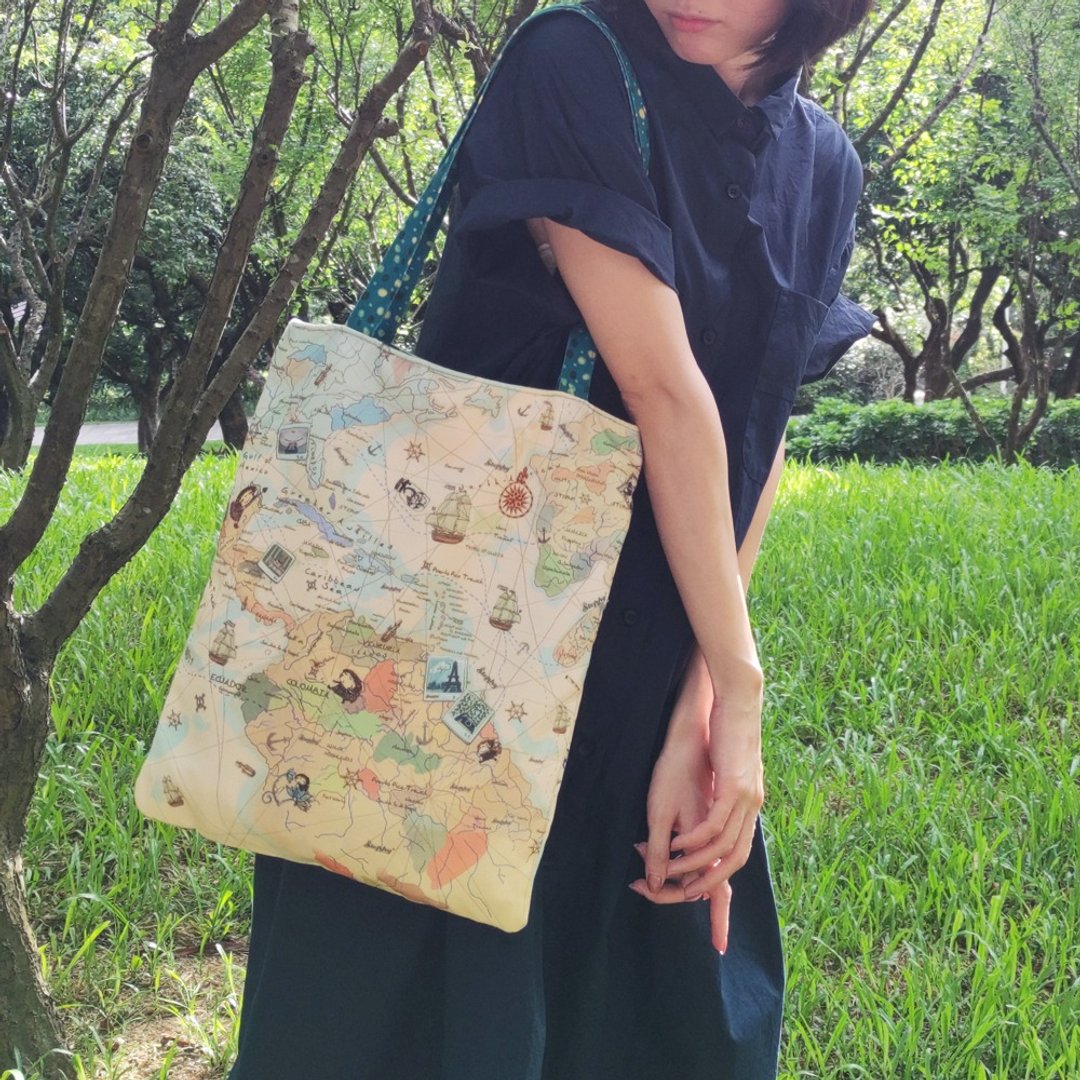 STEPHY手绘世界地图帆布袋-拉链帆布包/帆布提袋/帆布托特包 - 侧背包/斜挎包 - 棉 