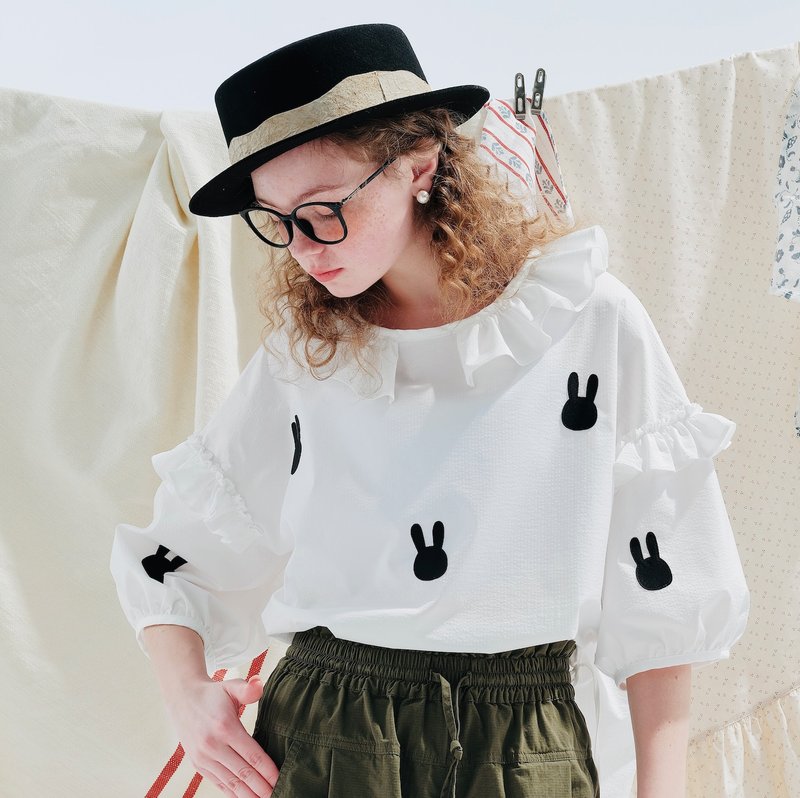 小兔子白色花边上衣 / 纯棉 衬衫 五分袖 - 女装衬衫 - 棉．麻 白色