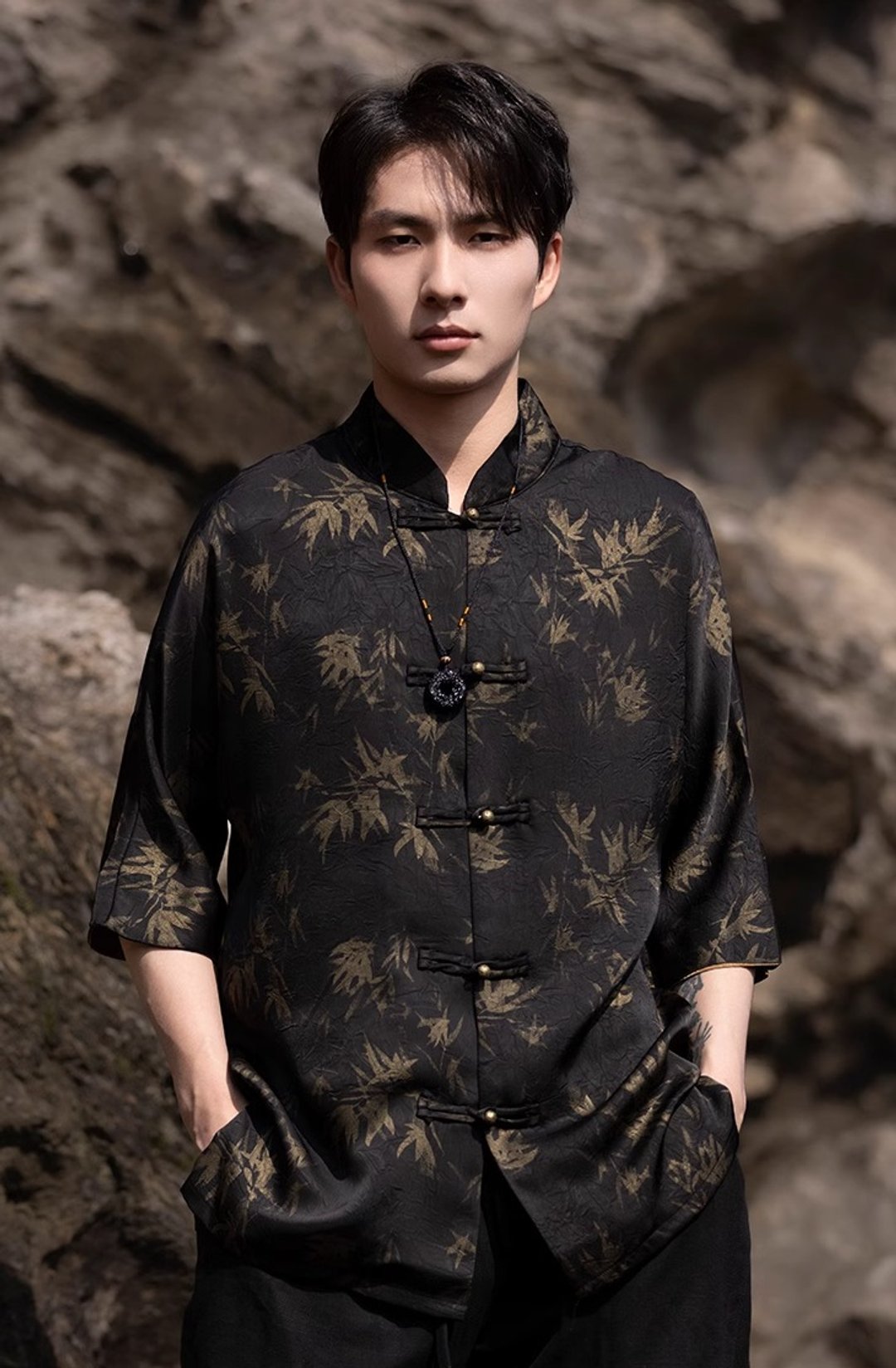 新中式复古 盘扣竹叶印花短袖衬衫 - 男装衬衫 - 其他材质 黑色