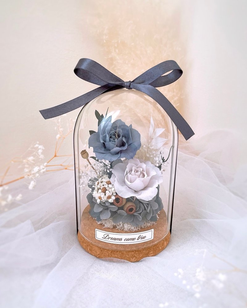 永生花玻璃盅 - 复古灰蓝 l 不凋花玻璃盅 日本玫瑰 情人节礼物 - 干燥花/捧花 - 植物．花 蓝色