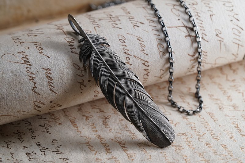 925银 玛亚特羽毛吊坠(大)(不包括银链) - 项链 - 纯银 黑色