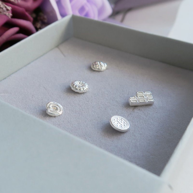 999纯银  迷你西点 甜点 饼干 面包 养耳 耳环 耳夹 免费送礼包装 - 耳环/耳夹 - 纯银 银色