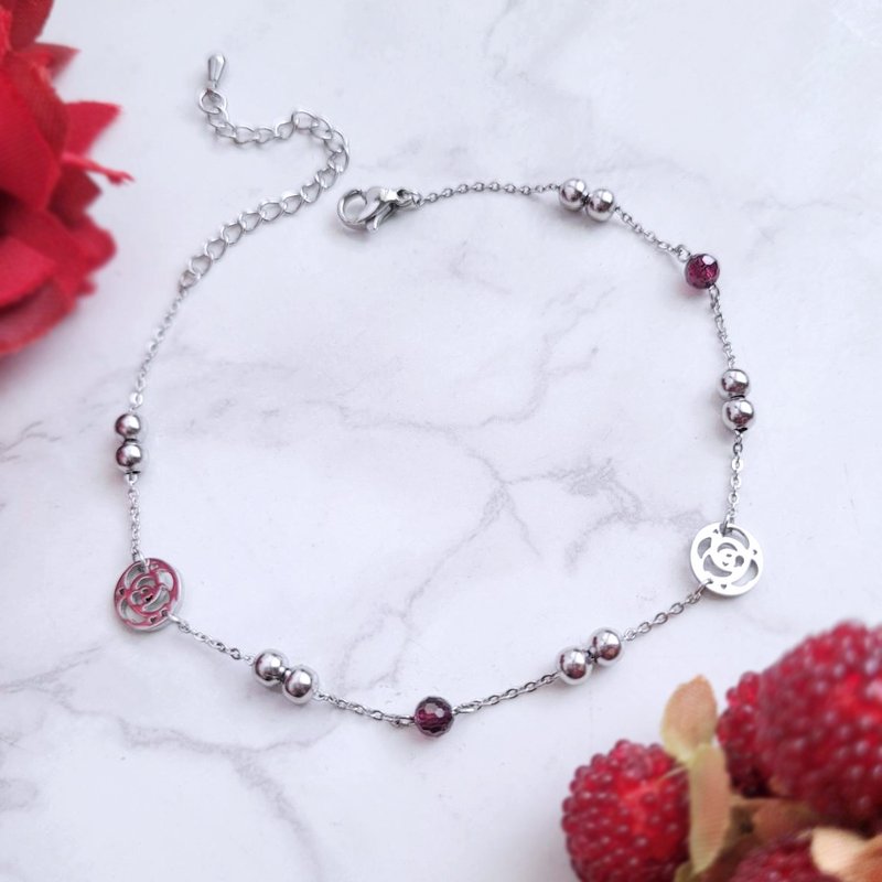 法国玫瑰。天然石圆珠X玫瑰造型 手作白钢脚链 - 脚链/脚环 - 不锈钢 多色