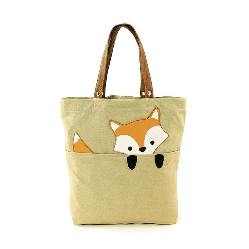 可爱小狐狸童趣造型动物帆布托特包  - 酷乐村 - 侧背包/斜挎包 - 棉．麻 卡其色