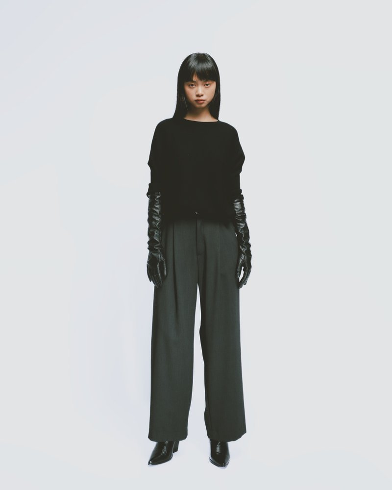 花灰混纺打褶直筒长裤 - 女装长裤 - 棉．麻 灰色