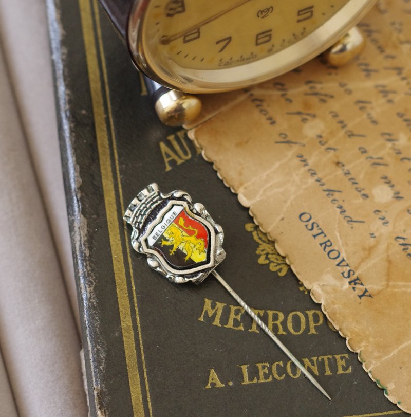 古董Vintage经典银色城堡比利时国徽狮子盾牌别针胸针B1858 - 胸针 - 其他金属 金色