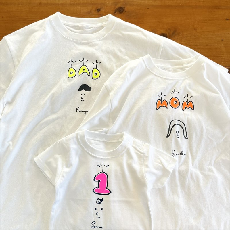 霓虹字亲子庆祝 T 恤三件组 可定制名字 100 日 Half Birthday 生日 - 亲子装 - 棉．麻 白色