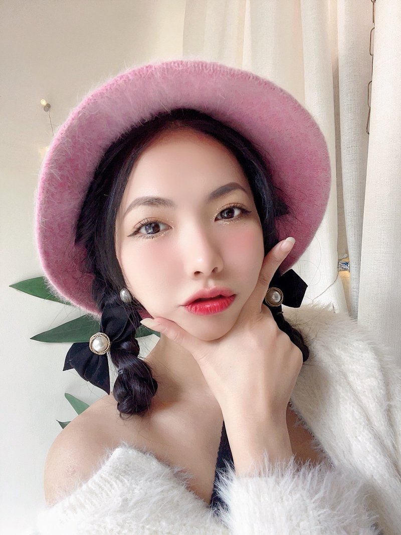 青春浪漫嫩粉红绒绒少女 安格拉山羊毛淑女帽 picture hat/cloche - 帽子 - 羊毛 粉红色