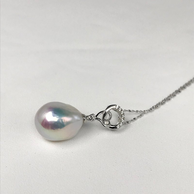 。系我心弦。天然镜面奶白色。巴洛克淡水大珍珠。925纯银项链。 - 项链 - 珍珠 白色