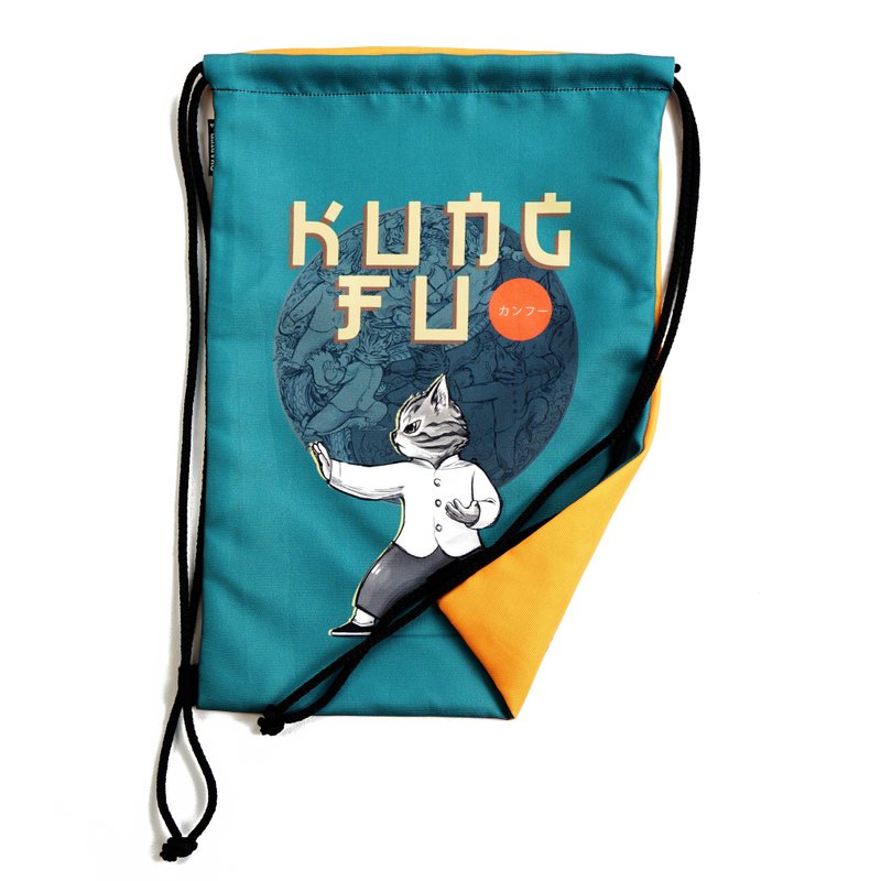 Kungfu cat / Cat aerobic/ Back-Front drawstring bag Canvas Reduce global warming - 束口袋双肩包 - 其他材质 白色