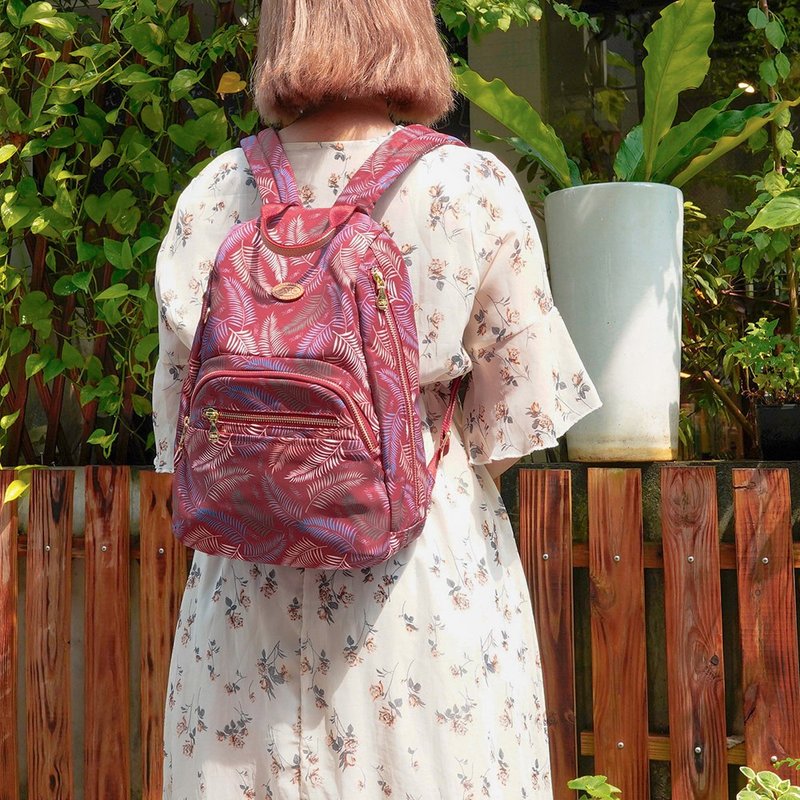 羽毛草系侧拉链防盗后背包13012(小款-红色) - 后背包/双肩包 - 尼龙 