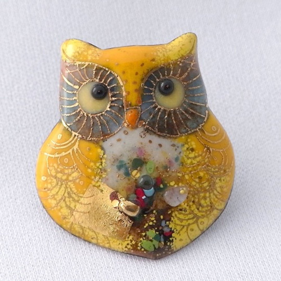 猫头鹰-黄1 七宝烧胸针 - 胸针 - 其他金属 黄色