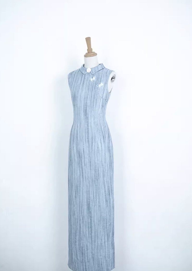 湖蓝 水墨竖条纹无袖旗袍连身裙 手工製 - 洋装/连衣裙 - 其他材质 蓝色