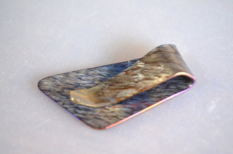 Titanium money clip・纯钛钱夹・蓝金背木纹迷你B・42mm - 皮夹/钱包 - 其他金属 多色