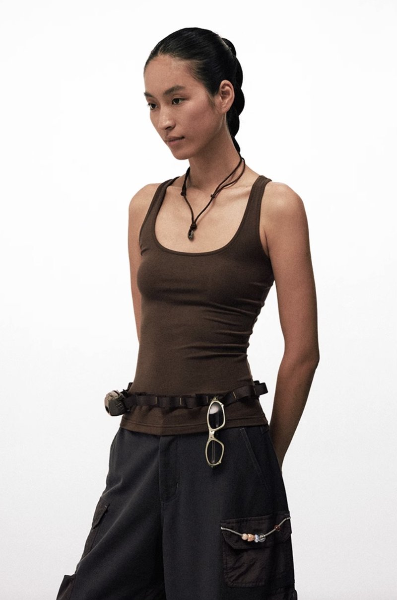 美式复古 / 织带螺纹弹力运动背心 - 女装背心 - 其他材质 咖啡色