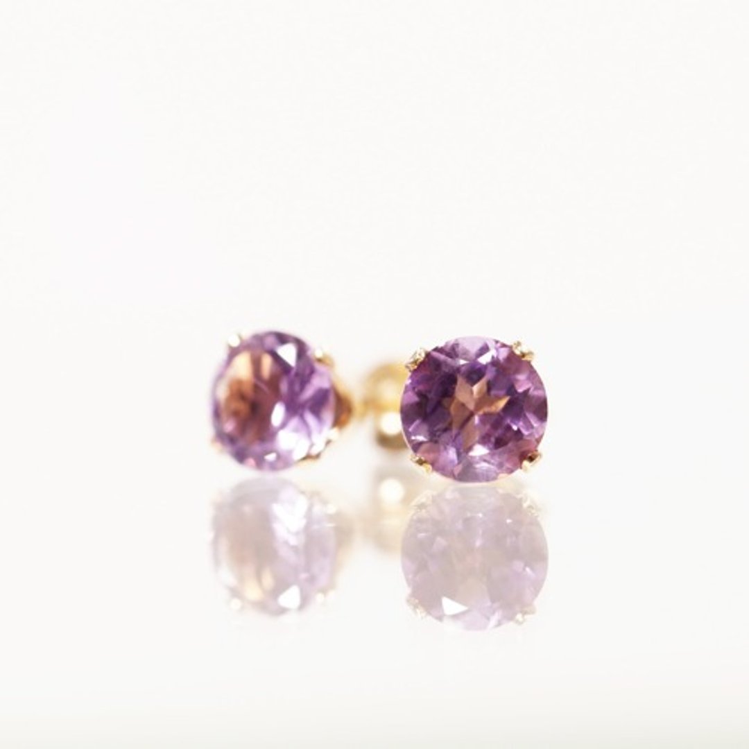 14KGF Stud Earrings with Amethyst 6mm Celestina - 耳环/耳夹 - 宝石 紫色