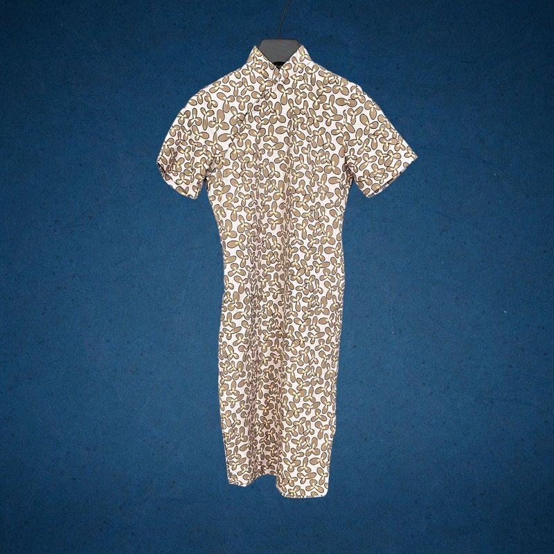 二手 古董订制 浅灰卡其色 三叶花 短袖旗袍 CA613 - 洋装/连衣裙 - 聚酯纤维 灰色