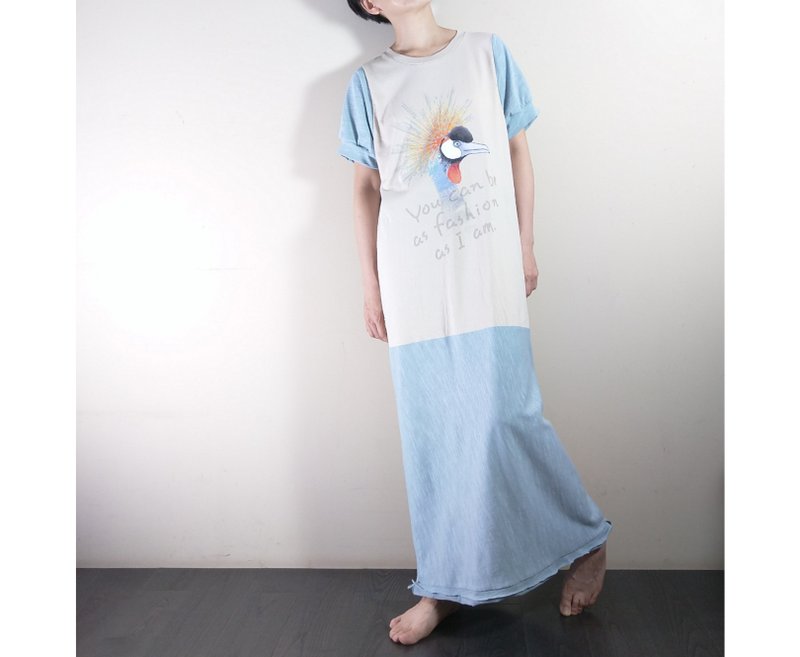 杏配湖水蓝的纯棉图案T恤连身裙 - 洋装/连衣裙 - 棉．麻 卡其色