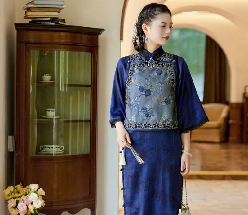 【醉花阴】 新中式復古/古法倒大袖提花马甲/旗袍 - 旗袍 - 其他材质 蓝色
